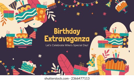 Happy birthday background. Happy birthday text. kids birthday party. Vector Illustration design. cake, balloons, party decoration elements. confetti and gift box. birthday celebration. greeting card.