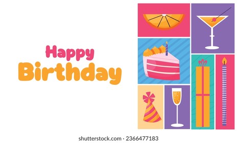 Happy birthday background. Happy birthday text. kids birthday party. Vector Illustration design. cake, balloons, party decoration elements. confetti and gift box. birthday celebration. greeting card.