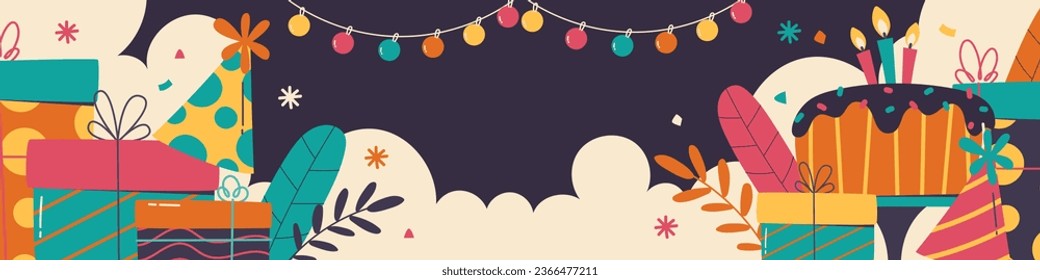 Happy birthday background. Happy birthday text. kids birthday party. Vector Illustration design. cake, balloons, party decoration elements. confetti and gift box. birthday celebration. greeting card.
