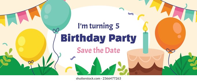 Happy birthday background. Happy birthday text. kids birthday party. Vector Illustration design. cake, balloons, party decoration elements. confetti and gift box. birthday celebration. greeting card.