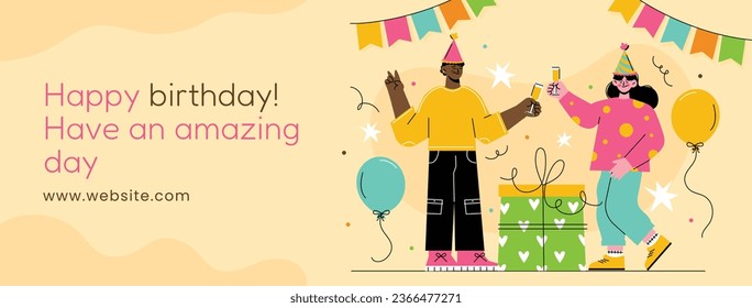 Happy birthday background. Happy birthday text. kids birthday party. Vector Illustration design. cake, balloons, party decoration elements. confetti and gift box. birthday celebration. greeting card.
