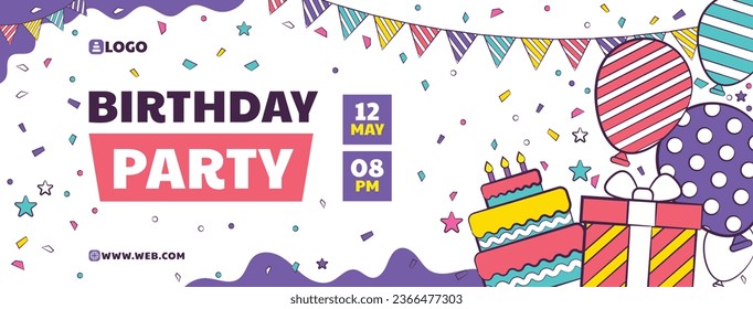 Happy birthday background. Happy birthday text. kids birthday party. Vector Illustration design. cake, balloons, party decoration elements. confetti and gift box. birthday celebration. greeting card.