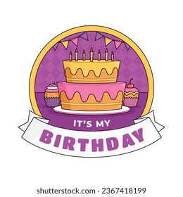 Happy birthday background. Happy birthday text. kids birthday party. Cartoon Vector Illustration design. cake, balloons, party decoration elements. birthday celebration. greeting card. label, sticker.