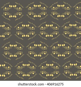 Happy birthday background texture yellow on brown. Hand drawn and hand written. Cake, candles and balloons. Vector illustration for wrap paper.