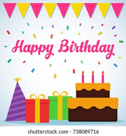 Happy Birthday Background Vector Design. Hat, Gift Box, Birthday Cake Icon Vector