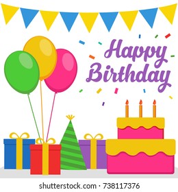Happy Birthday Background Vector Design. Gift Box, Balloon, Hat, Birthday Cake Icon Vector
