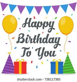 Happy Birthday Background Vector Design. Gift Box, Balloon, Hat, Birthday Cake Icon Vector