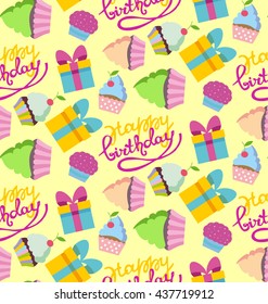 Happy birthday background. Vector pattern with cupcake, present and calligraphic. Vector illustration.