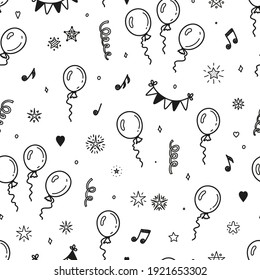 Happy Birthday Background. Vector Seamless Pattern With Hand Drawn Doodle Balloons, Bunting Flag, Stars, Musical Notes And Confetti