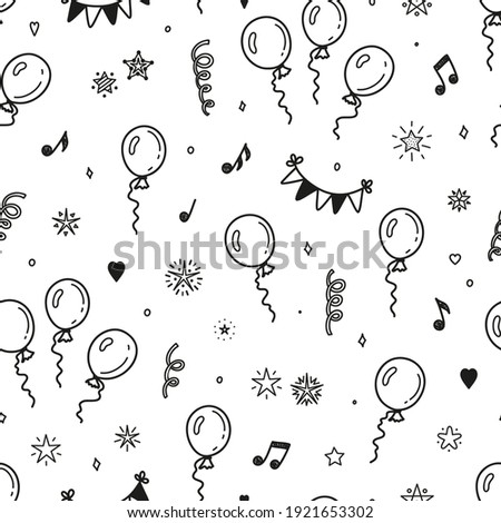 Happy Birthday Background. Vector Seamless Pattern with Hand Drawn Doodle Balloons, Bunting Flag, Stars, Musical Notes and Confetti
