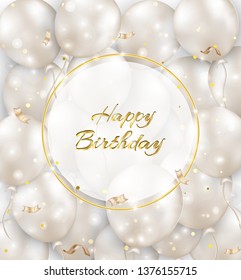 Happy birthday background with white balloons, confetti, sparkles, lights.Vector illustrations for greeting cards, banners for sales, poster.