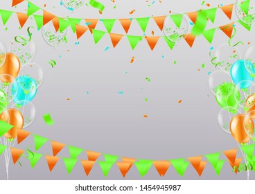 Happy Birthday Backgrounds Grand opening ceremony vector banner. Realistic glossy balloons, confetti 