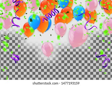 Happy Birthday Backgrounds Grand opening ceremony vector banner. Realistic glossy balloons, confetti 