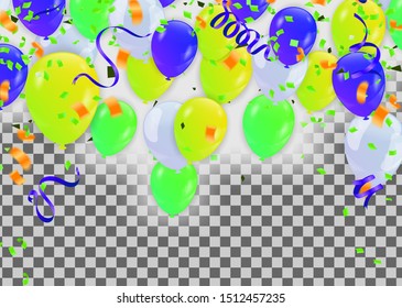 Happy Birthday Backgrounds Grand opening ceremony vector banner. Realistic glossy balloons, confetti 