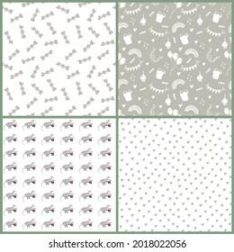 Happy Birthday Backgrounds. Set of holidays seamless patterns decorated with festive elements -  dinosaurs, hearts, gift, balloons, rainbows, cakes. Hand drawn vector illustrations. Cheerful textures.