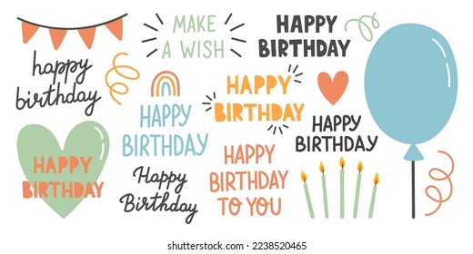 Happy Birthday badge set vector. Design element for greeting cards, banner, print with lettering, candle, balloon