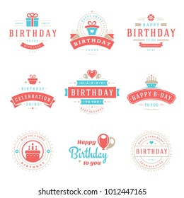 Happy Birthday Badges and Labels Vector Design Elements Set. Birthday and Anniversary wishes typography messages for greeting cards. Decoration objects, symbols and ornaments Illustration.
