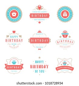 Happy Birthday Badges and Labels Vector Design Elements Set. Birthday and Anniversary wishes typography messages for greeting cards. Decoration objects, symbols and ornaments Illustration.