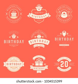 Happy Birthday Badges and Labels Vector Design Elements Set. Birthday and Anniversary wishes typography messages for greeting cards. Decoration objects, symbols and ornaments Illustration.