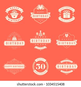 Happy Birthday Badges and Labels Vector Design Elements Set. Birthday and Anniversary wishes typography messages for greeting cards. Decoration objects, symbols and ornaments Illustration.