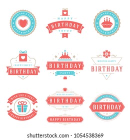 Happy Birthday Badges and Labels Vector Design Elements Set. Birthday and Anniversary wishes typography messages for greeting cards. Decoration objects, symbols and ornaments Illustration.