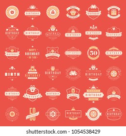 Happy Birthday Badges and Labels Vector Design Elements Set. Birthday and Anniversary wishes typography messages for greeting cards. Decoration objects, symbols and ornaments Illustration.