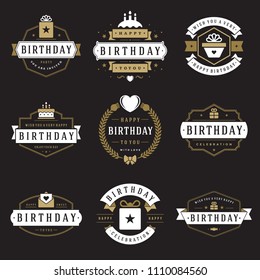 Happy birthday badges and labels vector design elements set. Birthday and anniversary wishes typography messages for greeting cards. 