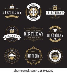 Happy birthday badges and labels vector design elements set. Birthday and anniversary wishes typography messages for greeting cards.