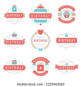 Happy birthday badges and labels vector design elements set. Birthday and anniversary wishes typography messages for greeting cards.