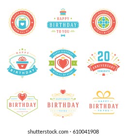 Happy Birthday Badges and Labels Vector Design Elements Set. Birthday and Anniversary wishes typography messages for greeting cards. Decoration objects, symbols and ornaments Illustration eps 10.