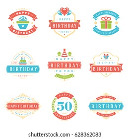 Happy Birthday Badges and Labels Vector Design Elements Set. Birthday and Anniversary wishes typography messages for greeting cards. Decoration objects, symbols and ornaments Illustration eps 10.