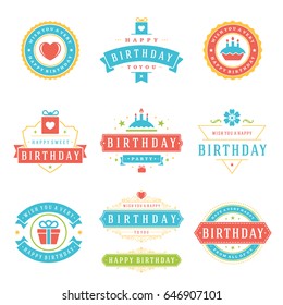 Happy Birthday Badges and Labels Vector Design Elements Set. Birthday and Anniversary wishes typography messages for greeting cards. Decoration objects, symbols and ornaments Illustration eps 10.