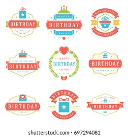 Happy Birthday Badges and Labels Vector Design Elements Set. Birthday and Anniversary wishes typography messages for greeting cards. Decoration objects, symbols and ornaments Illustration.