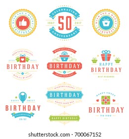 Happy Birthday Badges and Labels Vector Design Elements Set. Birthday and Anniversary wishes typography messages for greeting cards. Decoration objects, symbols and ornaments Illustration.