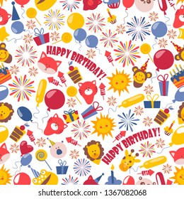 Happy birthday badges seamless pattern vector illustration. Balloons, salute, piece of cake, cat, fox, giraffe, lion, monkey, present, gift, cupcake with candle, smily sun.