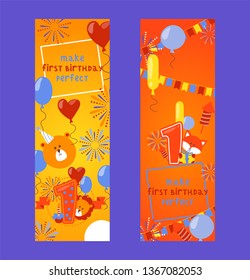 Happy birthday badges set of banners vector illustration. Balloons, salute, cat, present, gift, lion, bear, colorful flags. Party decoration. Make first birthday perfect.