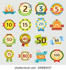 Happy birthday badges vector set anniversary card birth date paper sticker
