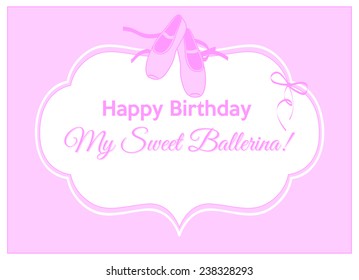 happy birthday ballerina, greeting card with a pair of pink pointe shoes on pink background