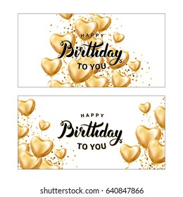 Happy birthday balloon banner. Heart Gold Red transparent balloon on background. Frosted party balloons for event design. Balloons isolated air. Party decorations birthday, anniversary, celebration.