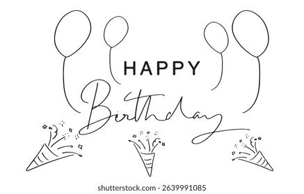 Happy birthday balloon firework black color text font calligraphy hand written lettering script black color decoration ornament happy birthday present congratulation party anniversary happy birthday 