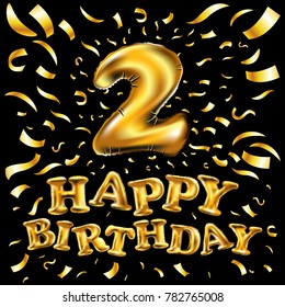 Happy Birthday Balloon number 2 Two. Realistic 3D isolated gold helium balloon. Decoration element for birthday or wedding greeting design on white background Vector illustration art
