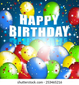 Happy Birthday. Balloons and confetti on a glossy background/vector illustration for your birthday wishes