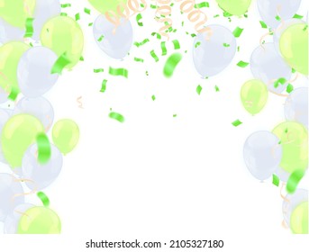 Happy Birthday balloons green and white celebration background with confetti.