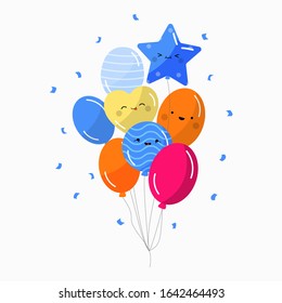Happy Birthday Balloons Hand Drawn 
 Isolated Background Bunch of Colorful Birthday Balloons Kawaii Flat Design Vector Illustration