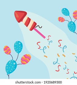 happy birthday balloons helium with rocket and confetti vector illustration design