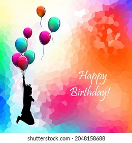 Happy birthday. Balloons on a beautiful background. The boy flies on balloons. Vector illustration