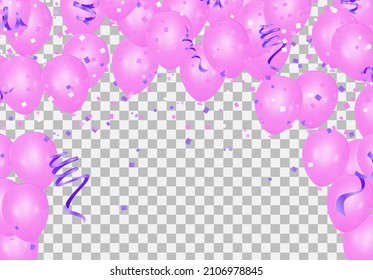 Happy Birthday balloons pink celebration background with confetti.