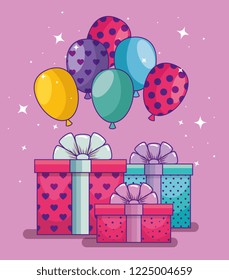 happy birthday with balloons and presents gifts