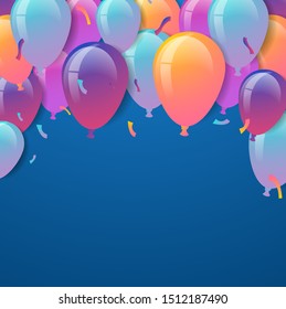 Happy Birthday. Balloons set with confetti on transparent and isolated background.  