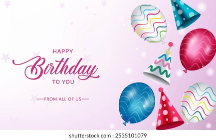 Happy Birthday Balloons Vector Background Design. Happy Birthday to You Text with Colorful Balloons and Confetti Decoration Element, Birth day Celebration Greeting Card. Design template for birthday